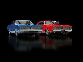 Blue and red muscle cars on black reflective background photo