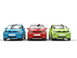 RGB electric cars in a row - front view photo