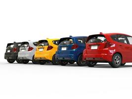 Modern compact electric cars in various colors - back view photo