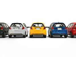 Modern compact electric cars in various colors - back view photo