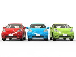 Red, green and blue modern electric cars - front view photo