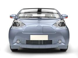 Blueish metallic small urban modern electric car - front closeup photo