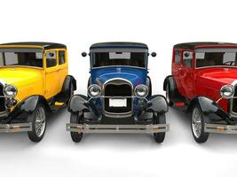 Beautiful 1920s vintage cars in primary colors - cut shot - 3D Render photo