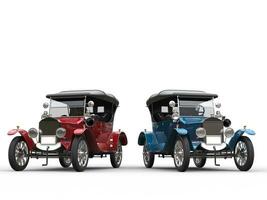 Awesome restored vintage cars in red and blue metallic colors photo