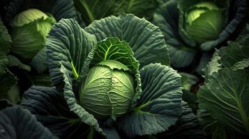 Realistic photo of a bunch of green cabbage. top view vegetables scenery. AI Generated