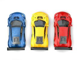 Awesome supercars in primary colors - top down view photo