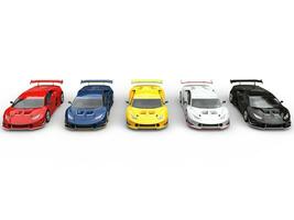 Row of super cars in various colors - top view photo