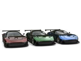 Modern metallic sports cars - red, green and blue photo