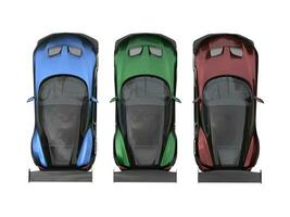 Modern metallic sports cars - red, green and blue - top view photo