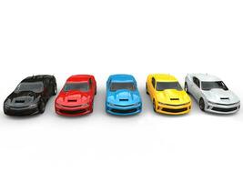 Modern fast muscle cars in various colors - top down view - 3D Illustration photo