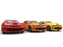 Modern muscle cars in warm colors - 3D Illustration photo