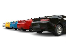 Modern fast muscle cars in various colors - back view - 3D Illustration photo