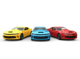 Red, blue and yellow modern fast cars - beauty shot - 3D Illustration photo