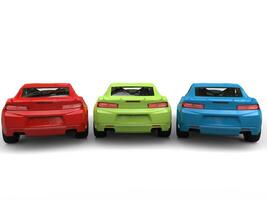 rojo, verde, azul moderno rápido carros - espalda ver - 3d ilustración foto