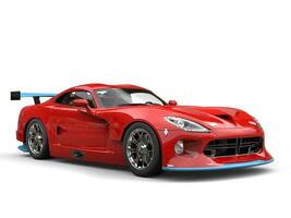 Raging red modern superacar with cool blue details - studio shot - 3D Illustration photo