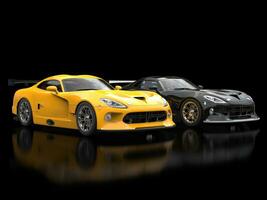 Modern sports cars - black and yellow with nice blurry reflections - 3D Illustration photo