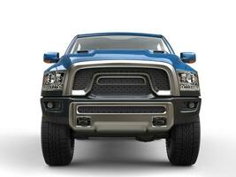 Modern powerful blue pick-up truck - front view closeup shot photo