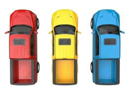 Red, blue and yellow modern pick-up trucks - top view photo