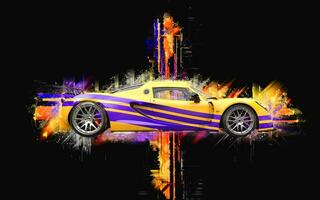 Breathtaking yellow supercar with purple stipes - abstract 3D illustration photo