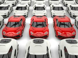 Row of red sports cars standing out of the lot of white cars - 3D Illustration photo