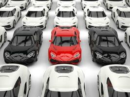 Black and red sports cars amongst many white cars - 3D Illustration photo