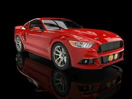 Bright red modern american car on black reflective background photo