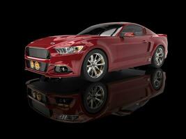 Metallic crimson urban muscle car in black showroom photo