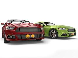 Dark ren and metallic green muscle cars - studio shot photo