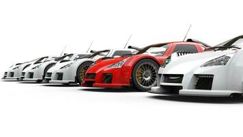 Red supercar standing out in a row of great white cars photo