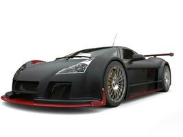 Awesome supercar in matte black paint with red details - studio shot photo