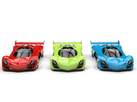 Red, green and blue awesome modern super concept cars - front view photo