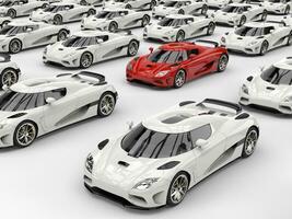 Superb crimson red sports car stands out in a crowd of white cars photo