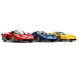 Striking concept sports cars in red, blue and yellow colors - beauty shot photo