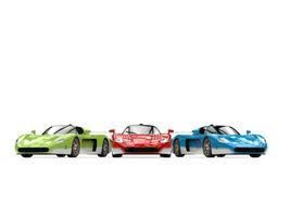 Striking concept super cars in red, green and blue base colors with white details photo