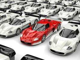 Stunning red modern concept sports car stands out in a sea of white sports cars photo