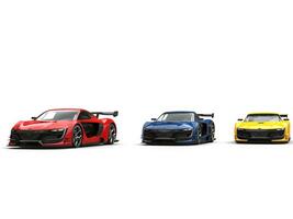 Cool super sports cars side by side - red, blue and yellow photo