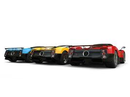 Red, yellow and blue awesome super cars - back view photo