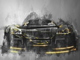 Super sports car - black and white illustration with yellow glowing edges photo