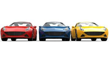 Red, blue and yellow modern luxury sports cars - front view photo