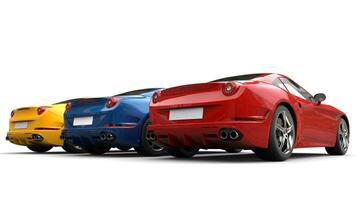 Red, blue and yellow modern luxury sports cars - tail view photo