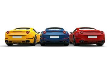 Red, blue and yellow modern luxury sports cars - back view photo