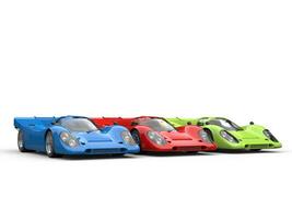 Red, Green and Blue awesome vintage race cars - beauty shot photo