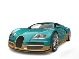 Metallic dark cyan modern super sports car with golden details photo