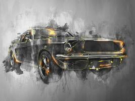 Awesome vintage muscle car - modern black and white illustration with fire highlights photo