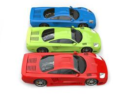 Red, green and blue concept super sports cars - side top view photo