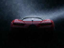 Powerful red super race car in the rain - front view photo