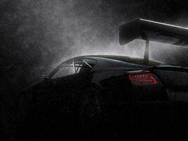 maravilloso negro súper carrera coche en el lluvia foto