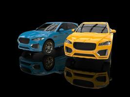 Bright yellow and blue modern 4x4 SUVs photo