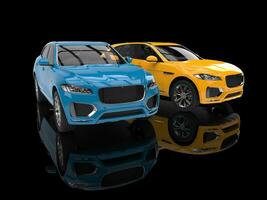 Bright yellow and blue modern 4x4 SUVs - focus on blue one photo