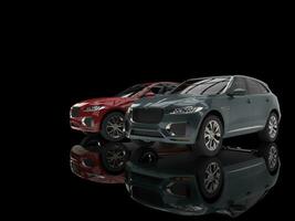 Cool modern deep ash blue and deep red SUVs photo